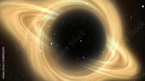 Black hole with bright golden accretion disk and stars. Astronomical black hole with bright golden accretion disk for outer space travel. Galactic black hole on dark.