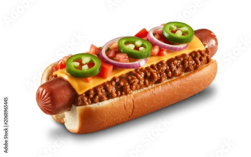 Grilled Hot Dog with Mustard, Ketchup, and Fresh Jalapeno Peppers on Bun