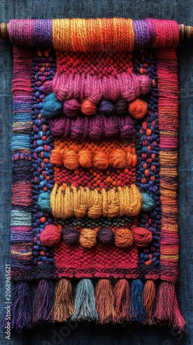 Colorful Handwoven Tapestry With Textured Yarn Bobbles And Fringes On Dark Glittering Background