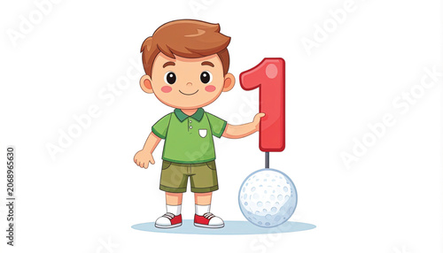 Young boy standing with golf ball.