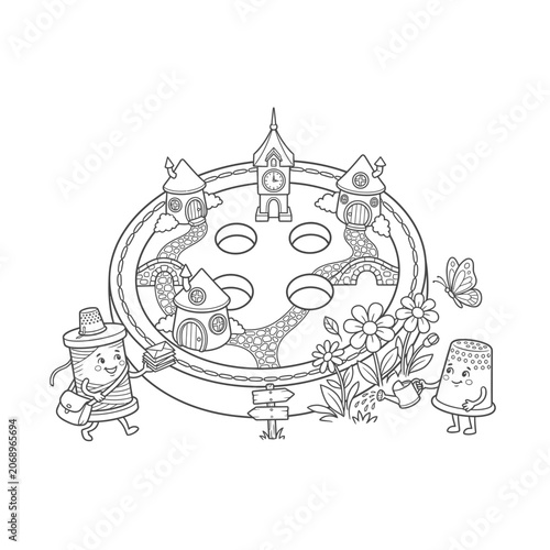 Illustration of Whimsical medieval feast scene with fairy tale characters enjoying a magical banquet surrounded by enchanted forest elements.