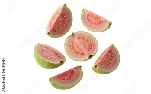 Fresh halved and whole watermelon slices arranged on white background