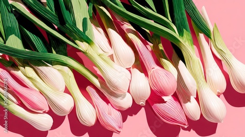 Fresh scallions display vibrant green tops and subtly colored bulbs arranged diagonally on a solid pink surface