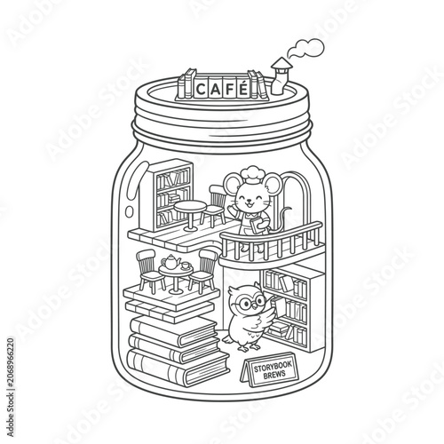 Whimsical vintage-style illustration of a cozy caf trapped inside a glass jar with books, cats, and coffee elements for creative branding or editorial use.