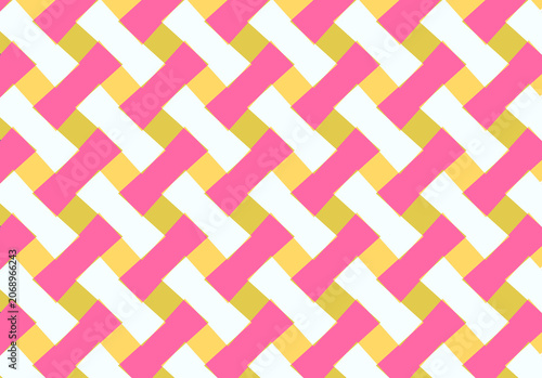 Colorful geometric pattern with interwoven diagonal bands in pink, white, yellow and light green, forming a vibrant woven‑style abstract background.