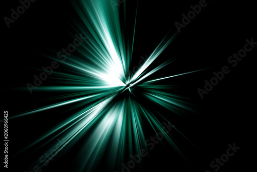 Abstract radial zoom blur in teal and white tones on a black background, forming a bright energetic burst of radiating light with a strong sense of depth and motion.