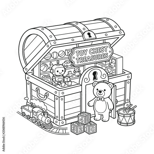 Adorable cartoon teddy bear opening a treasure chest filled with cute plush toys and gifts for a child's birthday celebration.