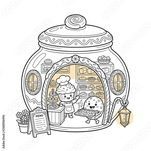 Charming whimsical hobbit-style kitchen jar illustration featuring a cheerful gnome and friendly mushroom creature baking together.