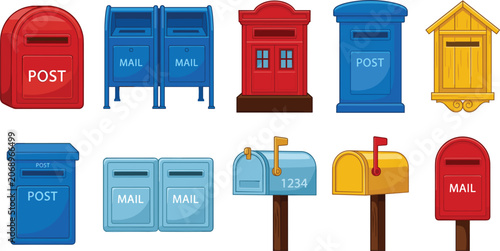 Tableau sur toile Vintage and modern mailbox vector illustration collection featuring public stre