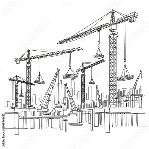 Construction site sketch with cranes and cityscape illustration