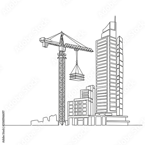 Continuous line art of urban construction site with crane and buildings