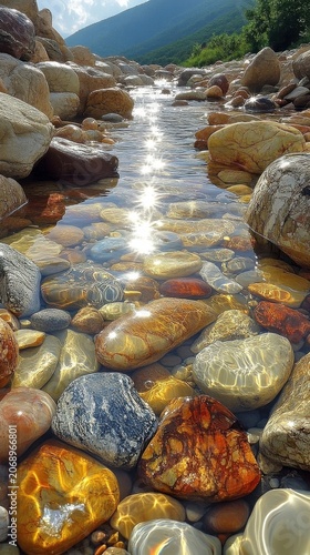 Sunlight Reflections On Multi Colored Pebbles In A Clear Mountain Stream Water Flowing Over Stones