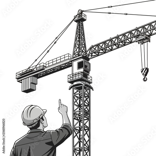 Engineer observing crane construction site, monochrome illustration