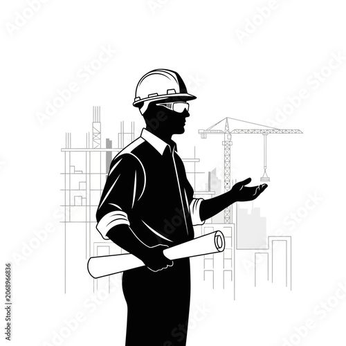 Engineer with blueprint at construction site silhouette.