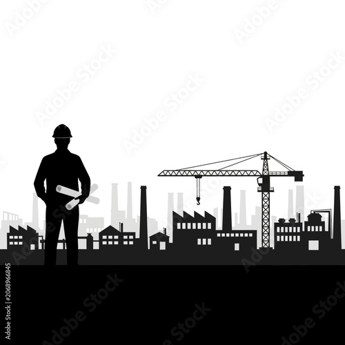 Engineer with blueprints overlooking factory silhouette