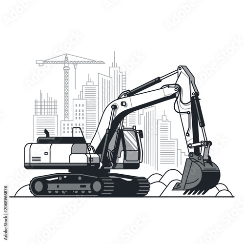 Excavator silhouette constructing cityscape with buildings and cranes
