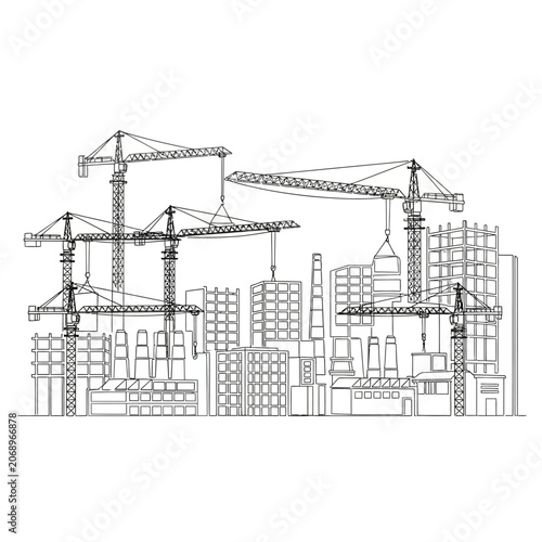 Industrial city architecture with construction cranes, outline drawing
