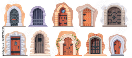 Medieval doors. Ancient castle gate, dungeon wooden iron door old temple gothic church arch entrance fairy palace doorgate ivy stone cell jail brick wall neat vector illustration
