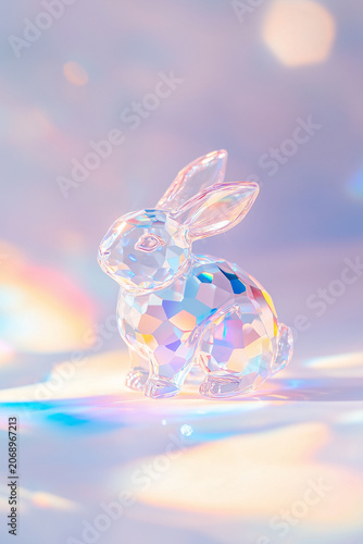 Iridescent faceted crystal rabbit figurine. Geometric transparent glass bunny with prismatic rainbow reflections
