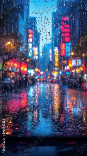 Rainy City Street Night View Through Window With Blurred Colorful Neon Lights Reflections