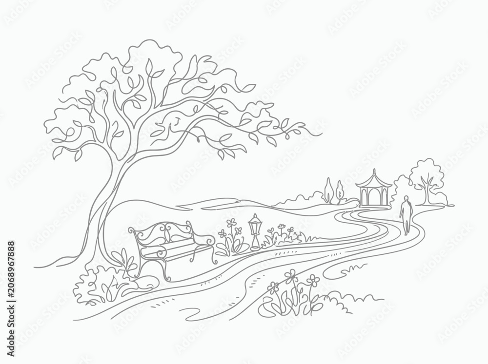 Fototapeta premium Serene park path, bench, gazebo, tree, and walking person in artistic line drawing