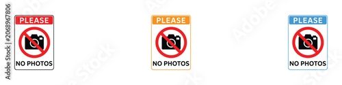 Strict security no photos notice plate set. Vector illustration of camera photography prohibition icon, museum privacy safety regulation symbol, and shooting ban banner on white background.