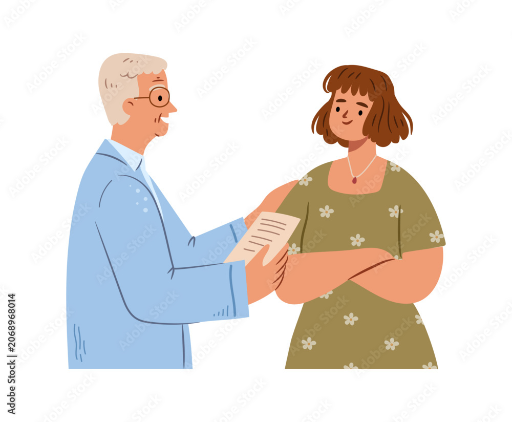 Fototapeta premium Experienced doctor writing prescription for patient. Vector consultation and advices for health and general wellbeing. Therapists taking care about outpatient. Treating and making diagnoses