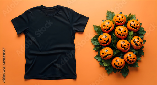 Black t shirt mockup with jack o lanterns and green leaves on an orange background