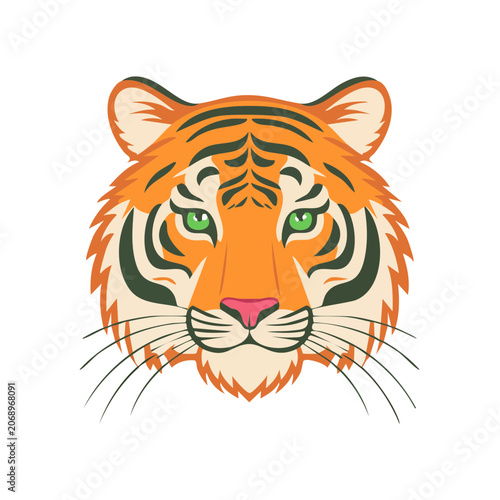 Flat illustration of a tiger head with green eyes