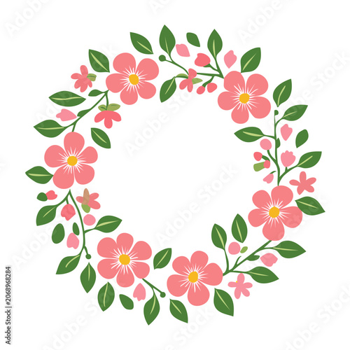 Pink floral wreath illustration with green leaves