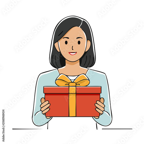 Woman holding red gift box with yellow bow