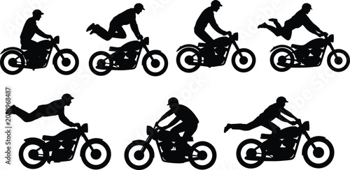 Bild auf Leinwand Motorcycle stunt silhouette set with riders performing acrobatic tricks for extr