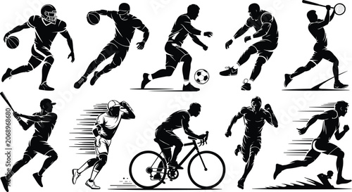 Quadro su tela Sports silhouette icon set with football, basketball, soccer, tennis, and athlet