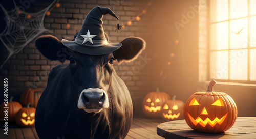 Cow wearing a witch hat for halloween with pumpkins and spooky decorations