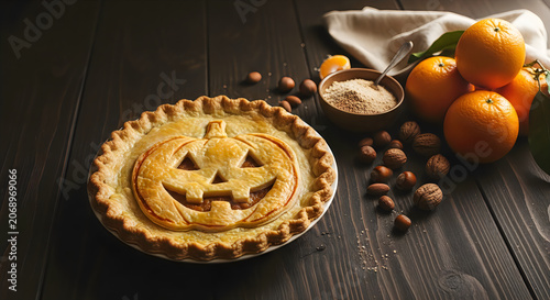 Halloween pumpkin pie with oranges and hazelnuts on a dark wooden table