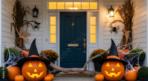 Festive halloween porch decor with pumpkins spiderwebs and autumn harvest elements