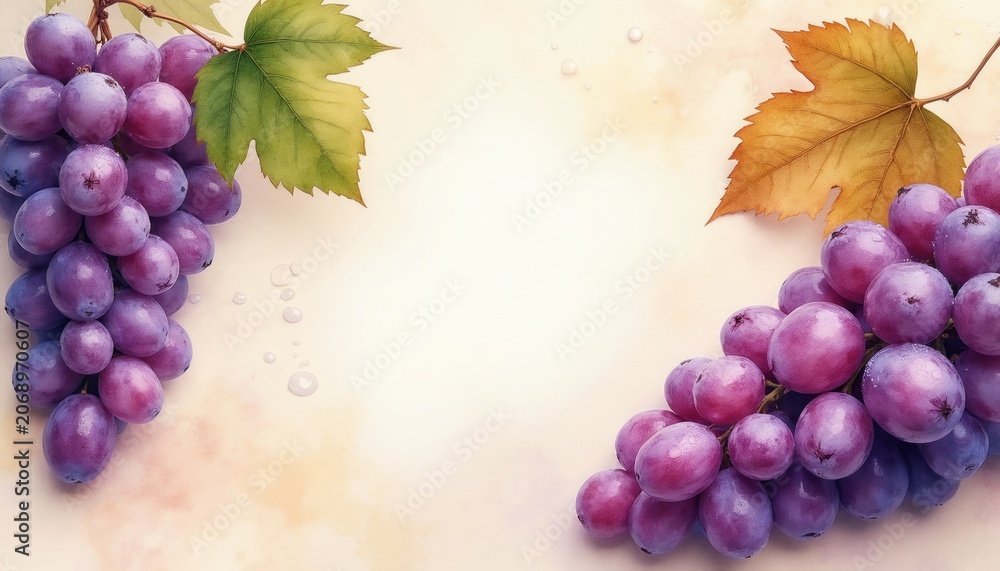 Fototapeta premium Watercolor art illustration featuring fresh purple grapes and leaves on a neutral marbled backdrop. Water drops add a delicate wet look to the fruit, suitable for food or wine themes.