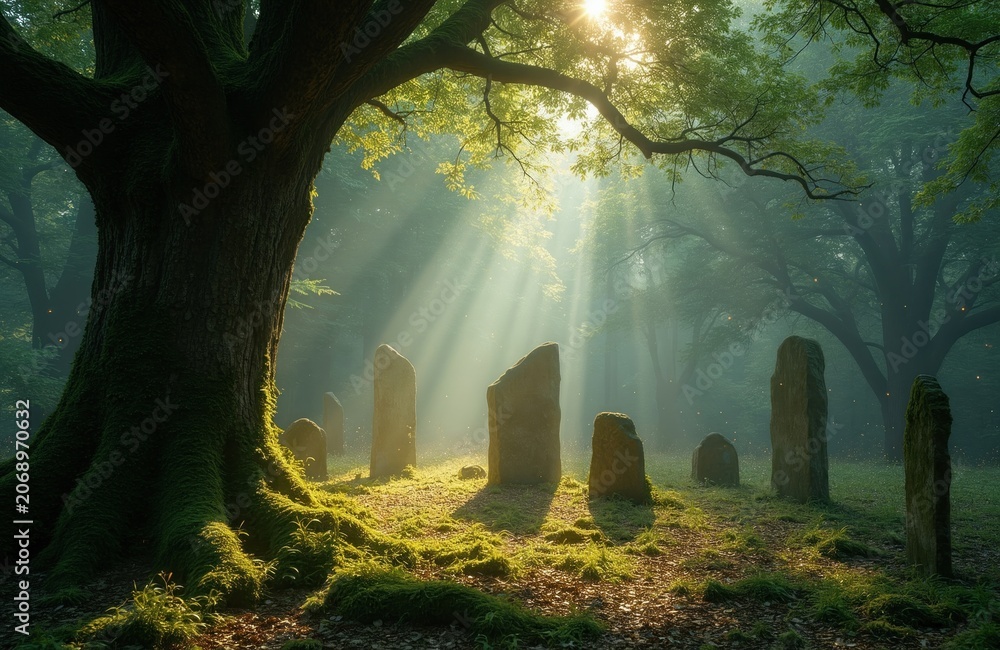 Naklejka premium Misty forest with ancient stones covered in moss. Sunbeams pierce green canopy, illuminating tiny glowing insects. Old tree roots sprawl across enchanted woodland floor, creating mystical, fairy tale