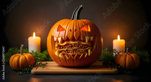 Festive jackolantern carved with a grinning face and candles for a halloween celebration