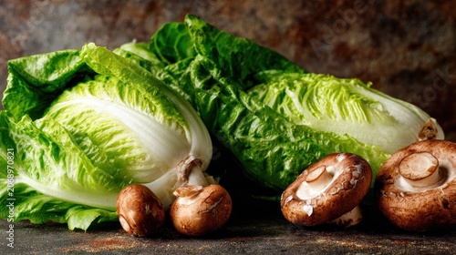Fresh heads of crisp lettuce and brown fungi arranged on a rustic surface