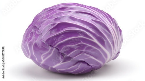 Whole fresh purple cabbage rests isolated against a bright white background