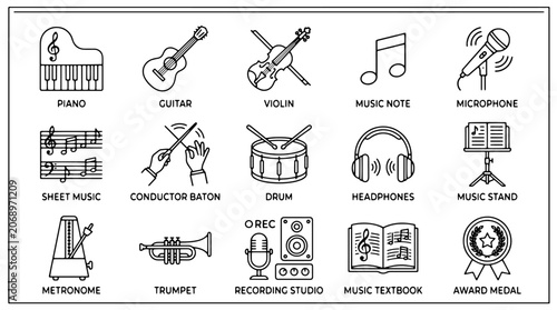 Foto Music icons, vector set of 16 music symbols and instruments, black and white ill