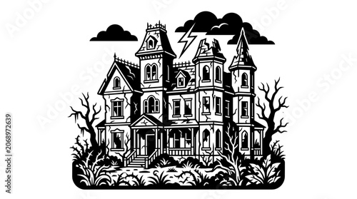 Haunted House Illustration Black White.