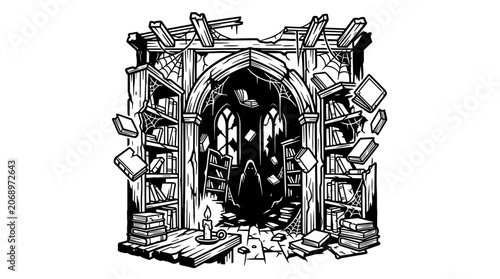 Haunted Library Entrance with Flying Books and Ghostly Figure.