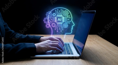 Artificial intelligence brain concept with glowing digital processor on laptop artificial intelligence technology processor