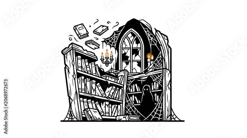 Haunted Library Ghost Bookshelf Spooky Atmosphere.