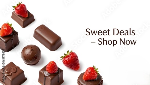 Assorted gourmet chocolate pralines and fresh strawberries on white background
