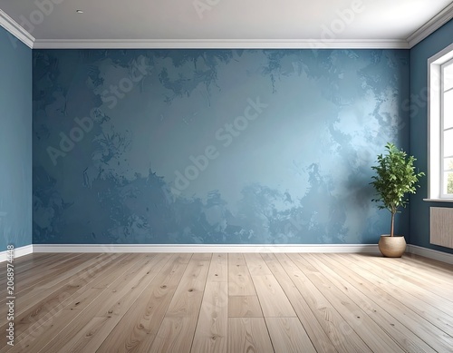 Empty room with textured blue wall, wooden floor, and potted plant