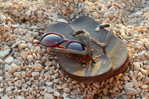 Sticker Flip flop sandals and sun glass on the beach with pebbles by the blue sea summer
