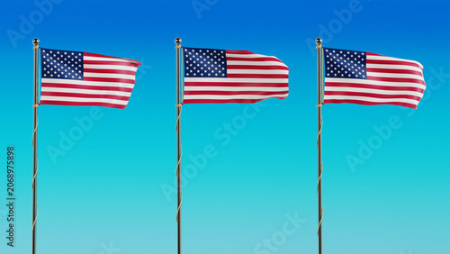 Three United States flags waving gently on metallic flagpoles in a highly detailed 3D illustration against a clear gradient blue sky. Patriotic concepts and national holiday use.